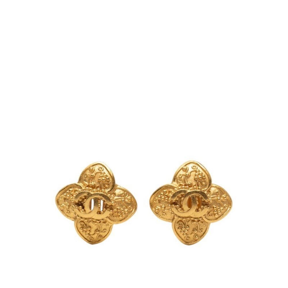 Chanel CC Logo Flower Motif Plated Earrings Gold